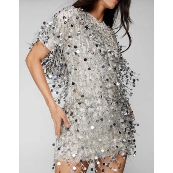 NWT Nasty Gal Silver Disc Tassel Beaded Shift Dress in Silver - Picture 2 of 8